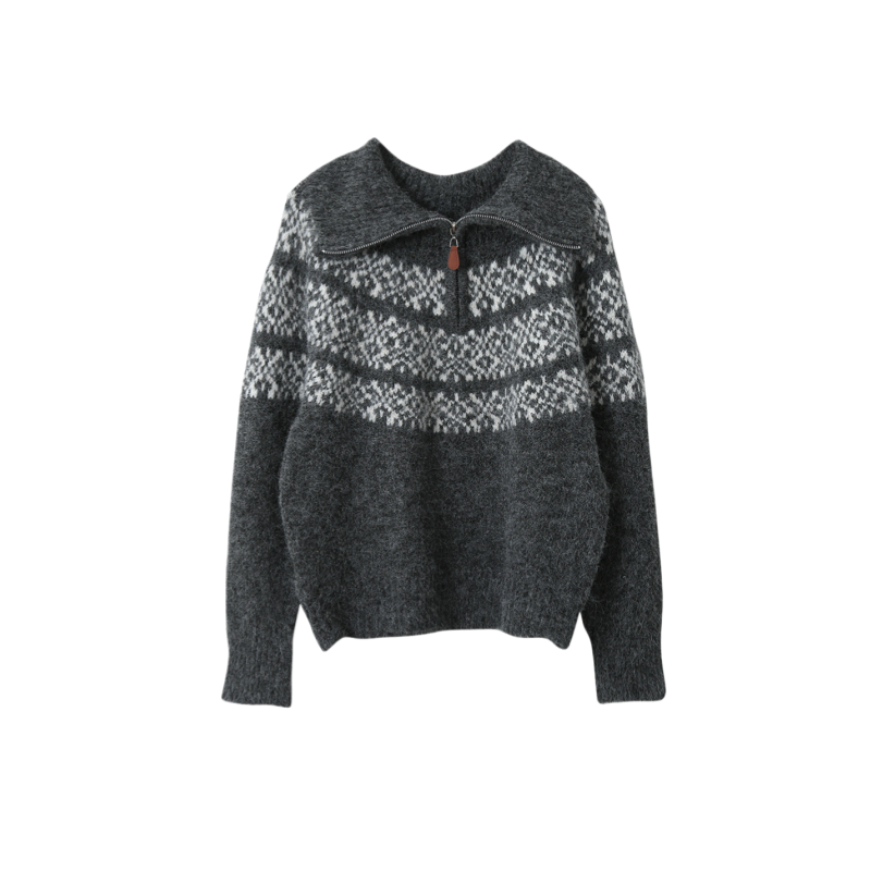 Fair Isle Half Zip Collar Knit Sweater - NY009