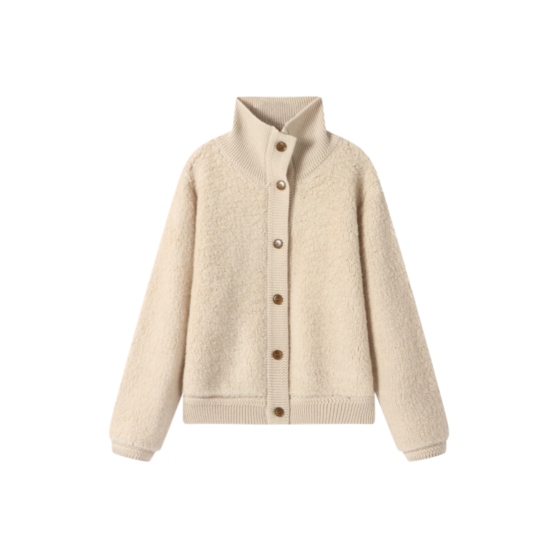 100% Wool Boucle Knit Stand Collar Button Cardigan - NY018